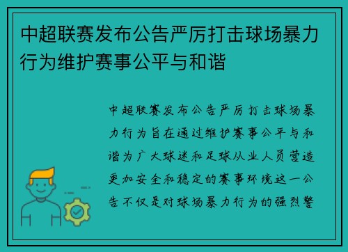 中超联赛发布公告严厉打击球场暴力行为维护赛事公平与和谐